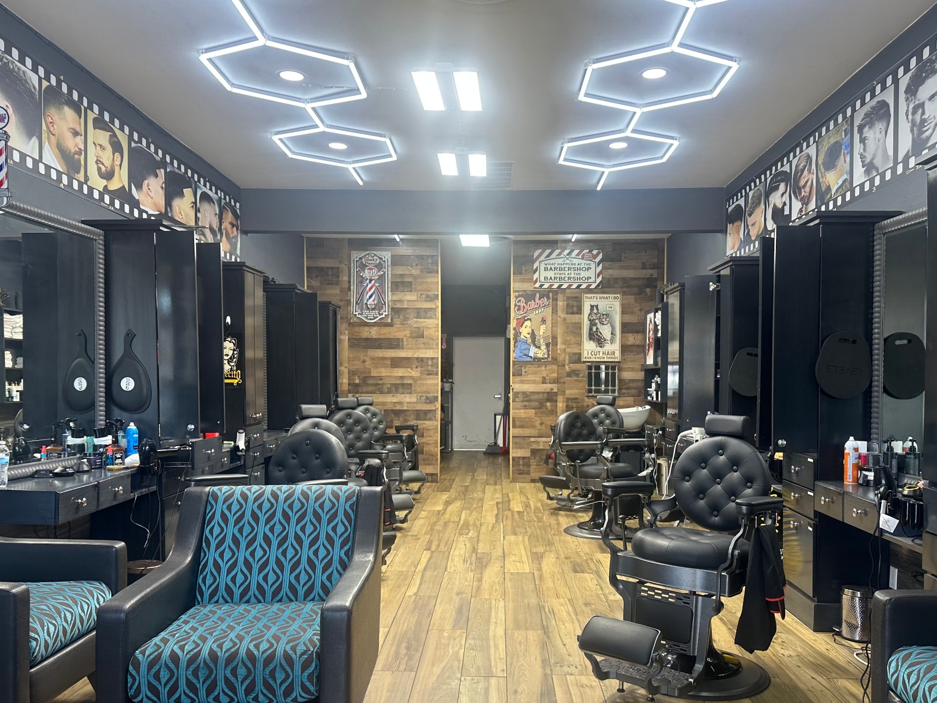 Interior of Leez Barbershop in Garden Grove showing barber chairs and styling stations